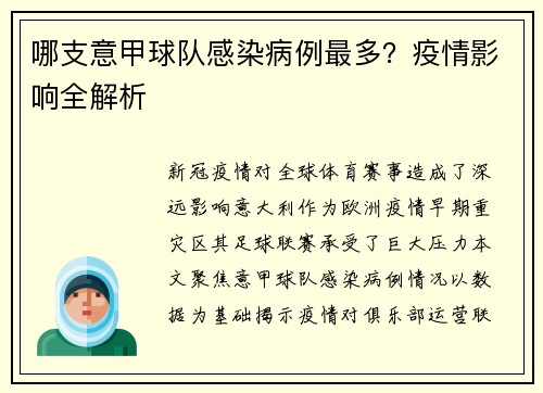 哪支意甲球队感染病例最多？疫情影响全解析