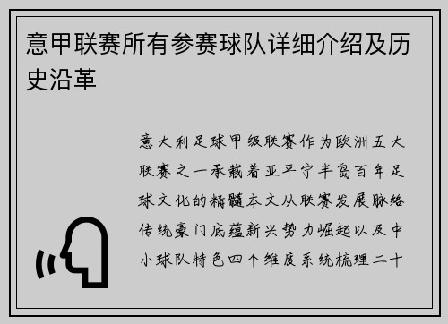 意甲联赛所有参赛球队详细介绍及历史沿革